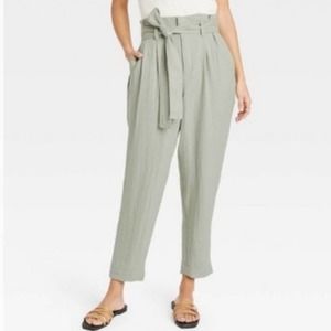 A New Day Paperbag Waist Pants LARGE Ankle Belted High Waist Light Green Casual
